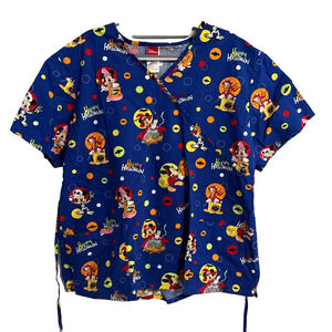 Disney Halloween Scrub Top Shirt XL Blue Mickey Minnie Donald Duck Halloween